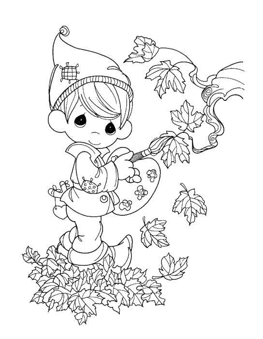 Название: Раскраска Мальчик красит листья. Категория: осень. Теги: Мальчик, краски, осень.