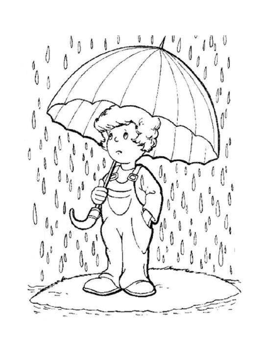 Название: Раскраска Мальчик с зонтиком под дождем. Категория: дождь. Теги: зонт, дети.
