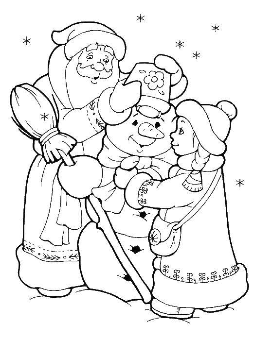 Название: Раскраска Дед мороз и снегурочка лепят снеговика. Категория: дед мороз. Теги: Новый Год, Дед Мороз, подарки, Снегурочка.