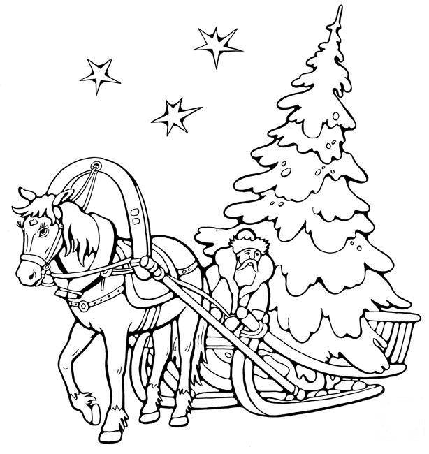 Coloring Santa Claus carrying a Christmas tree on a sled. Category new year. Tags:  New Year, Santa Claus.