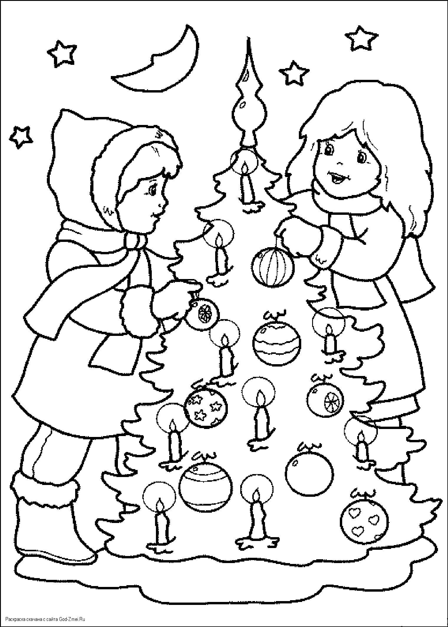 Название: Раскраска Детки украшают ёлку к рождеству. Категория: Рождество. Теги: Рождество, ёлочная игрушка, ёлка, подарки.