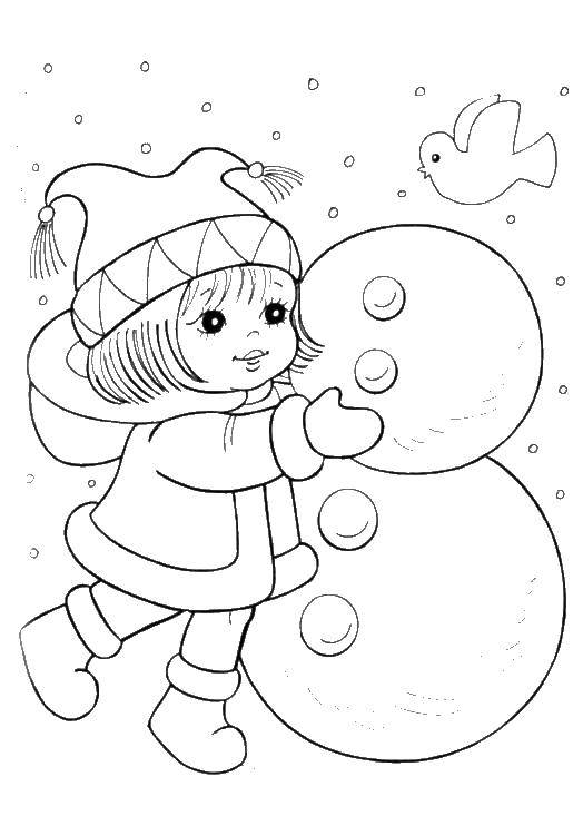 Название: Раскраска Девочка лепит снеговичка. Категория: снеговик. Теги: Снеговик, снег, веселье, дети.