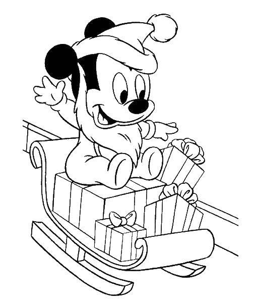 Coloring Little Mickey on sled. Category new year. Tags:  New Year, gifts.