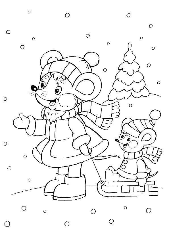 Coloring Mice in the winter forest. Category new year. Tags:  New Year, winter, forest, animals.