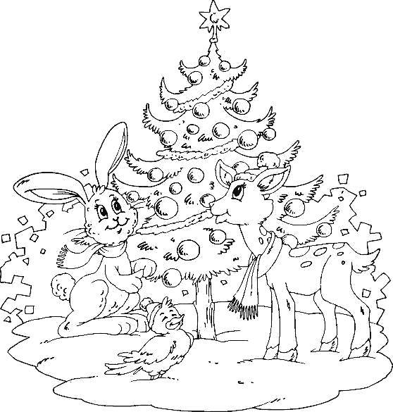 Раскраски Раскраска Новогодний лес новый год, Раскраски Животные.