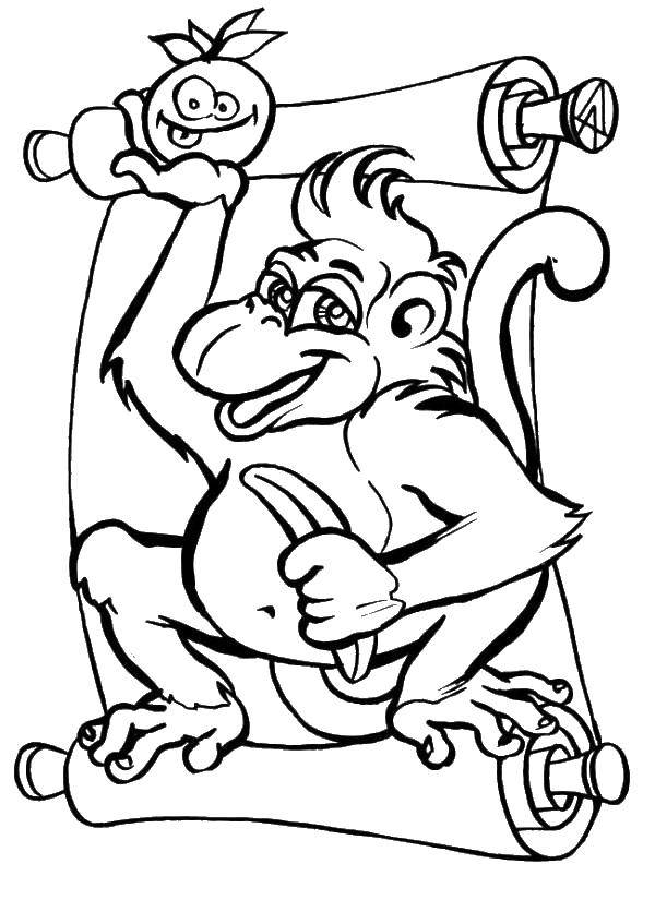 Название: Раскраска Обезьянка с бананом. Категория: Животные. Теги: Животные, обезьянка.