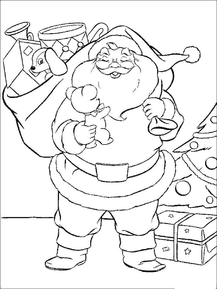 Название: Раскраска Санта клаус принёс подарочки. Категория: новый год. Теги: Новый Год, Дед Мороз, Санта Клаус, подарки.