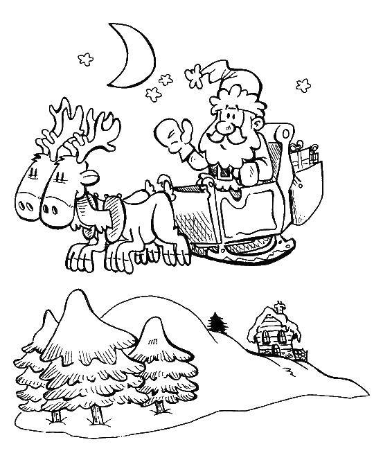 Название: Раскраска Санта на санях с подарками. Категория: Рождество. Теги: Рождество, Санта Клаус, подарки.