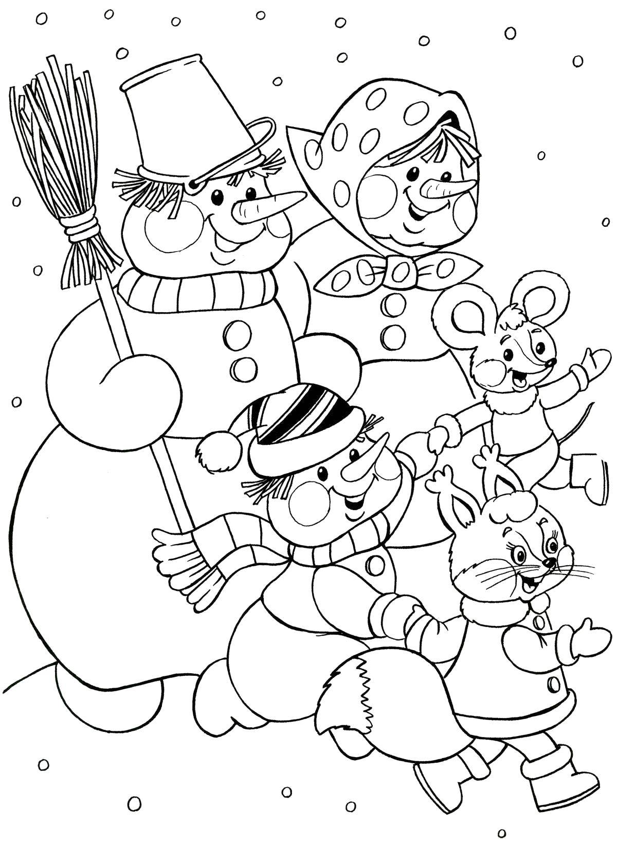Название: Раскраска Семья снеговичков. Категория: снеговик. Теги: Снеговик, снег, веселье, дети.
