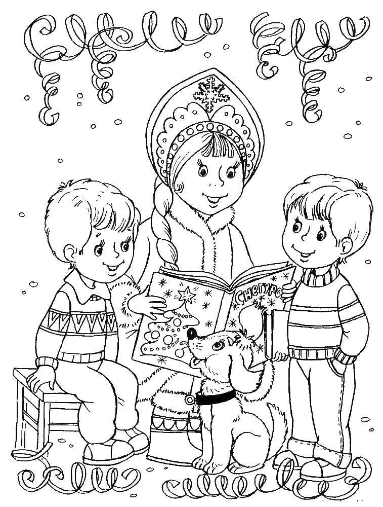 Coloring Maiden reads stories to children. Category new year. Tags:  Snow maiden, winter, New Year.
