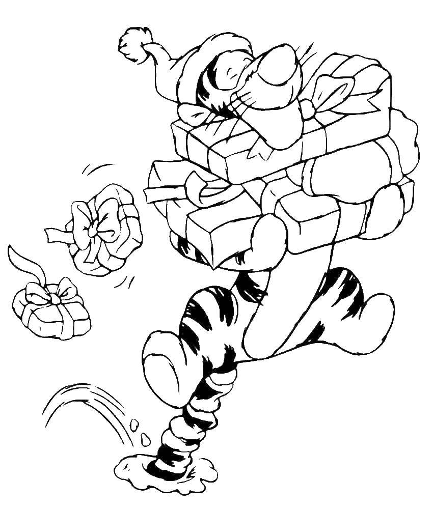 Coloring Tiger bears gifts. Category new year. Tags:  New Year, tree, gifts, toys.