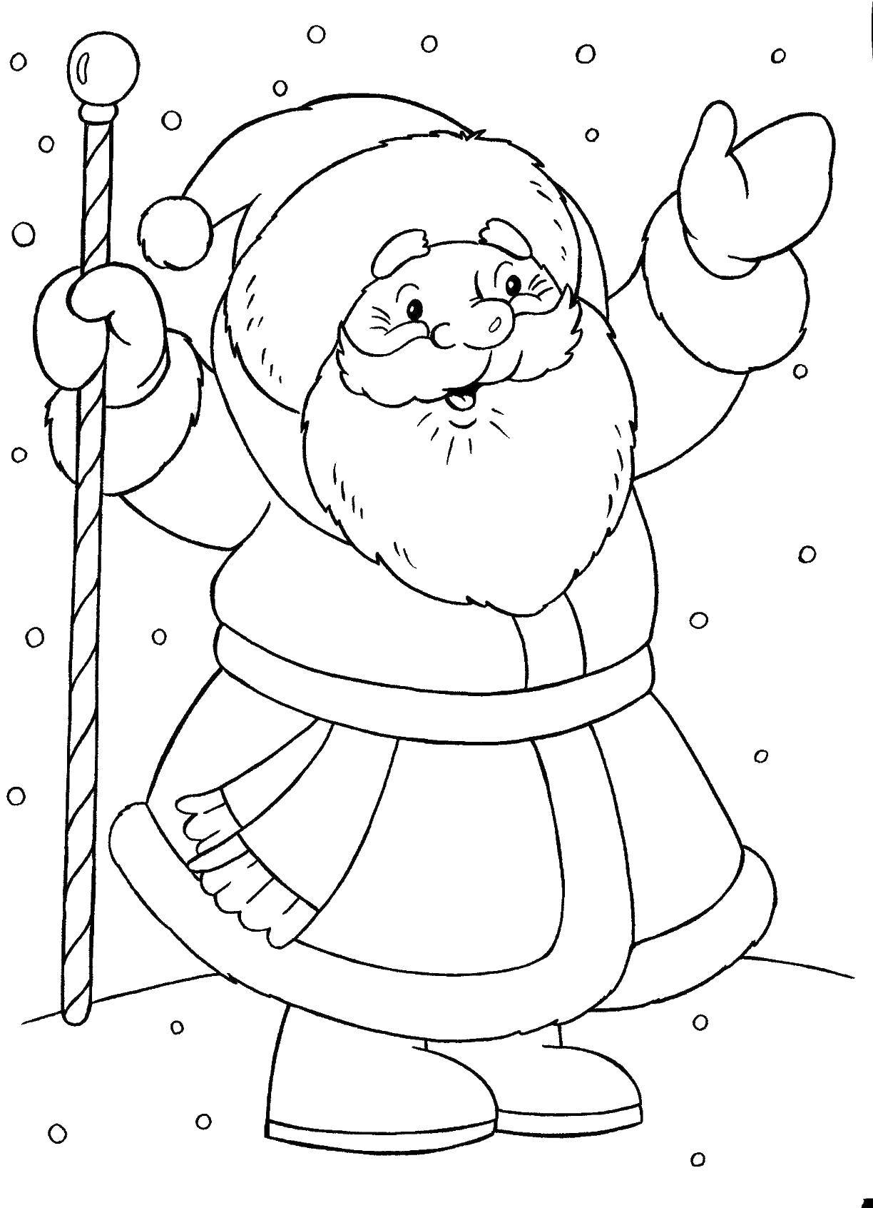 Coloring Cheerful Santa Claus with a stick. Category Santa Claus. Tags:  New Year, Santa Claus.