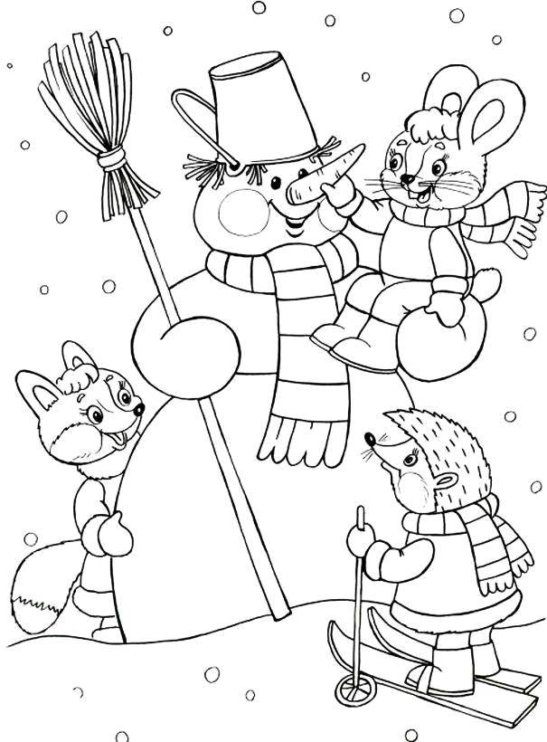 Название: Раскраска Зверьки лепят снеговичка. Категория: снеговик. Теги: Снеговик, снег, зима, радость.