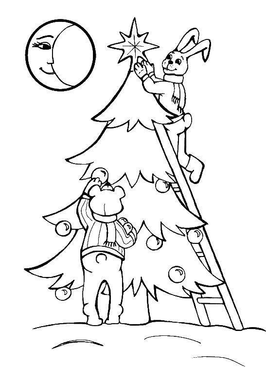 Название: Раскраска Зверьки украшают ёлочку. Категория: новый год. Теги: Новый Год, ёлка, подарки, игрушки.
