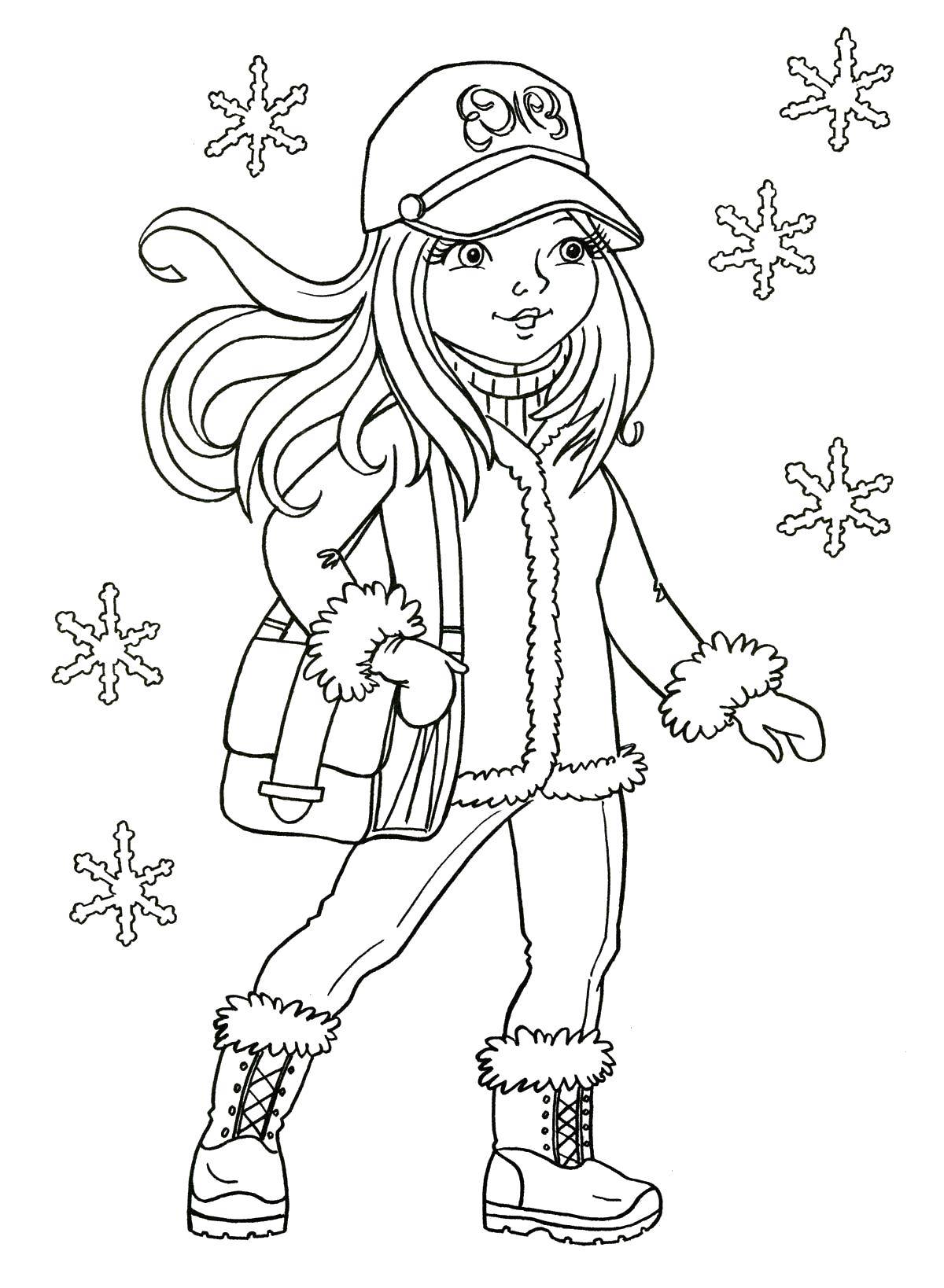 Название: Раскраска Девочка и снежинки. Категория: снежинки. Теги: Снежинки, снег, зима.