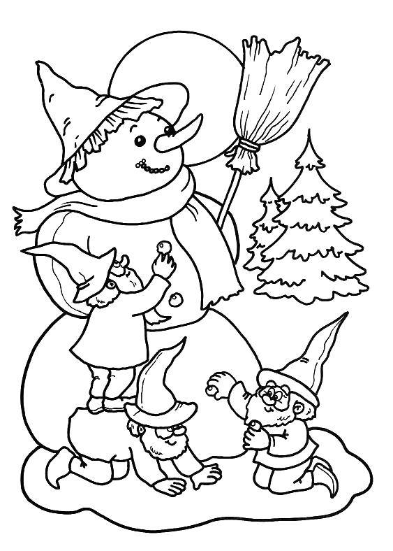 Coloring The dwarves make a snowman. Category snowman. Tags:  Snowman, snow, winter, joy.