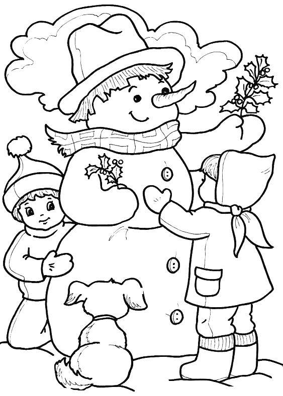 Coloring The snowman and kids. Category snowman. Tags:  Snowman, snow, fun, children.