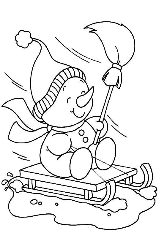 Coloring Snowman on a sled. Category snowman. Tags:  Snowman, snow, winter.