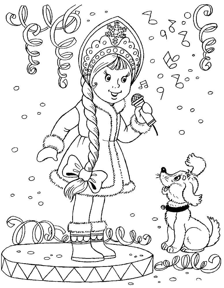 Название: Раскраска Снегурочка и щеночек. Категория: снегурочка. Теги: Снегурочка, зима, Новый Год.