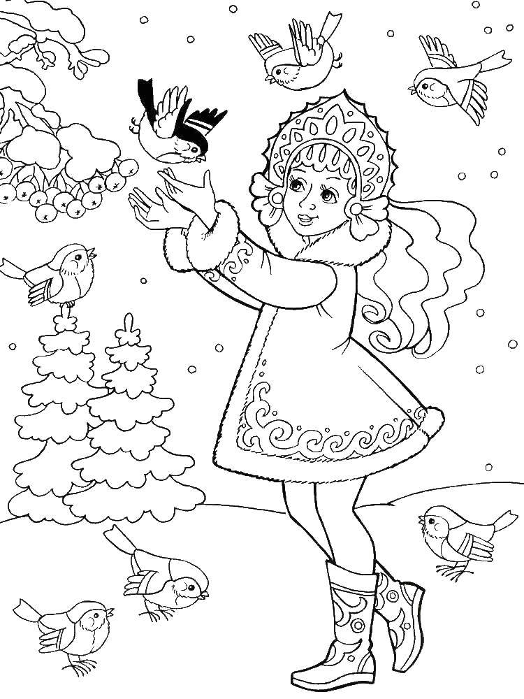 Coloring Snow white and bullfinches. Category maiden. Tags:  Snow maiden, winter, New Year, forest.
