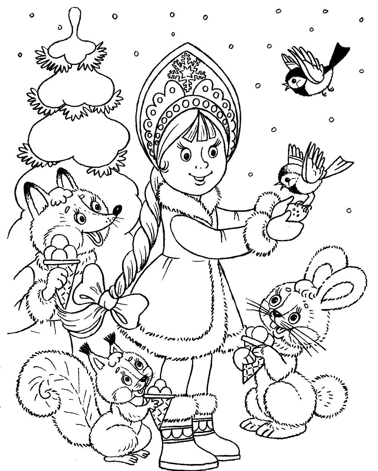 Coloring The snow maiden and animals. Category maiden. Tags:  Snow maiden, winter, New Year, forest.