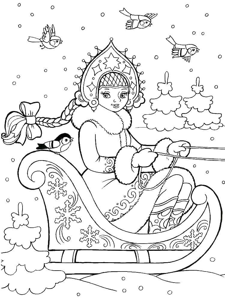 Coloring Snow maiden on a sleigh. Category maiden. Tags:  Maiden, snow, winter, joy.
