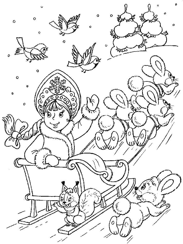 Coloring Snow maiden on a sleigh. Category maiden. Tags:  Snow maiden, winter, New Year, forest.