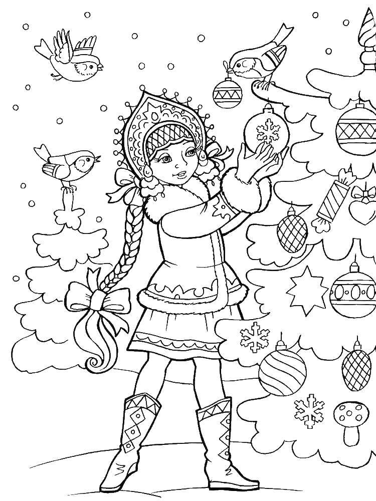 Coloring Snow maiden decorates a Christmas tree. Category maiden. Tags:  Snow maiden, winter, New Year, forest.