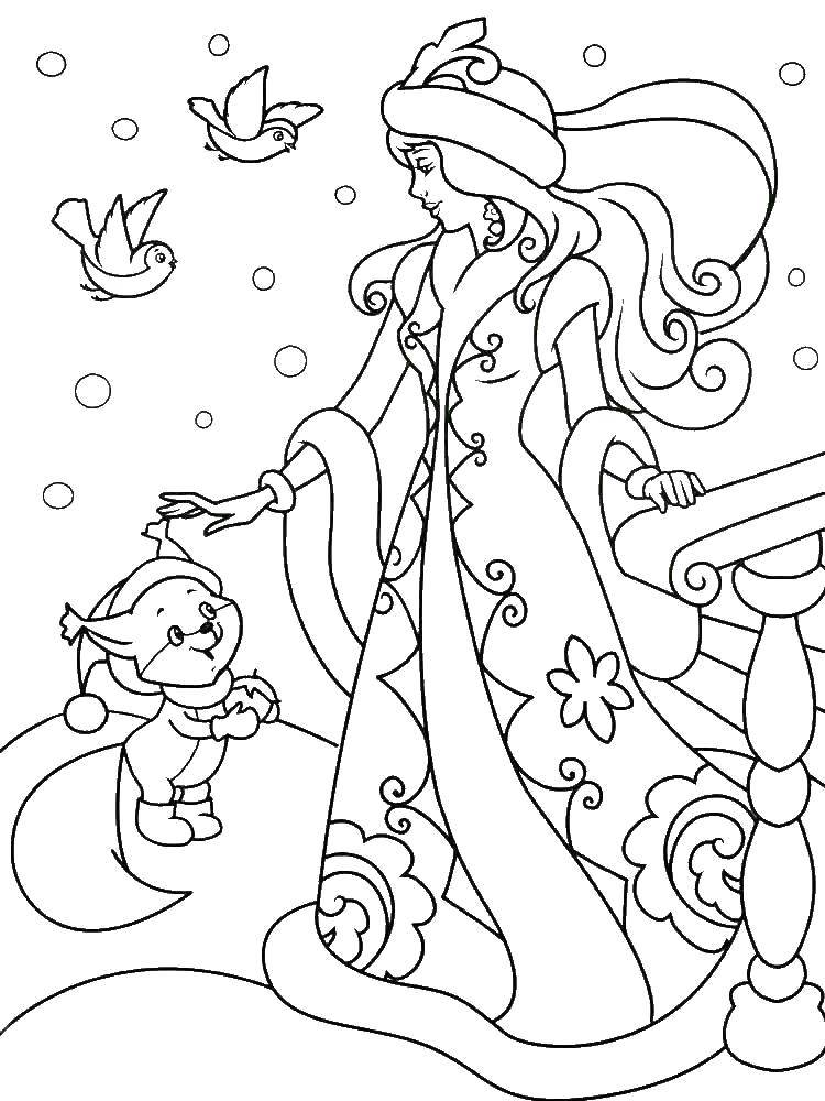 Coloring The snow maiden with a squirrel. Category maiden. Tags:  Snow maiden, winter, New Year, forest.