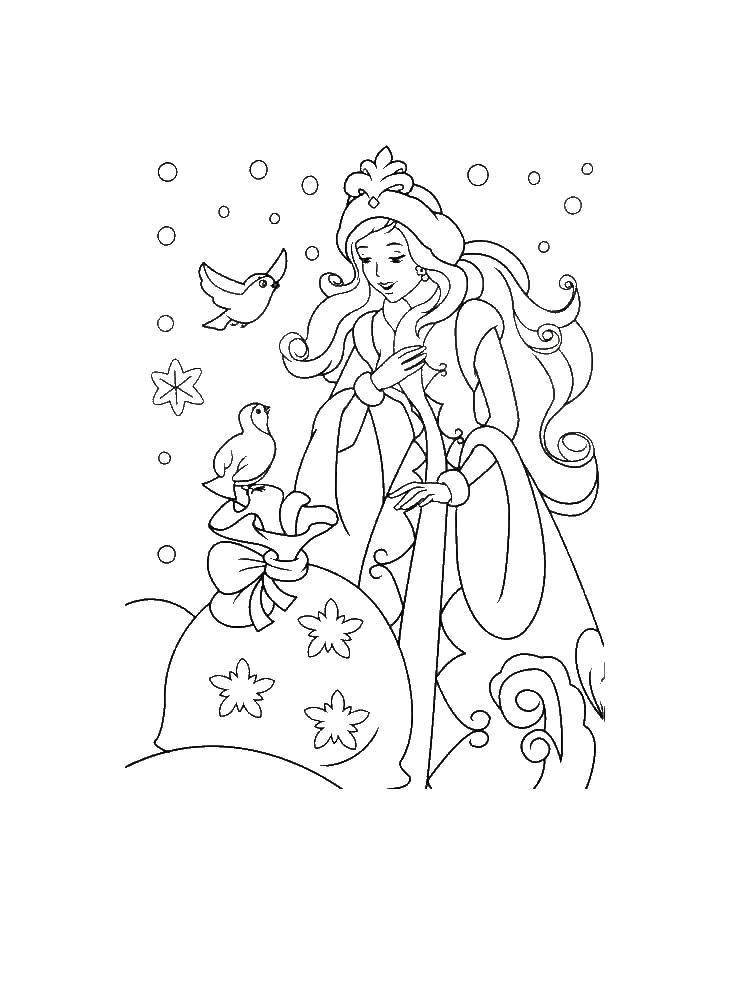 Coloring Snow maiden with gifts. Category maiden. Tags:  Snow maiden, winter, New Year.