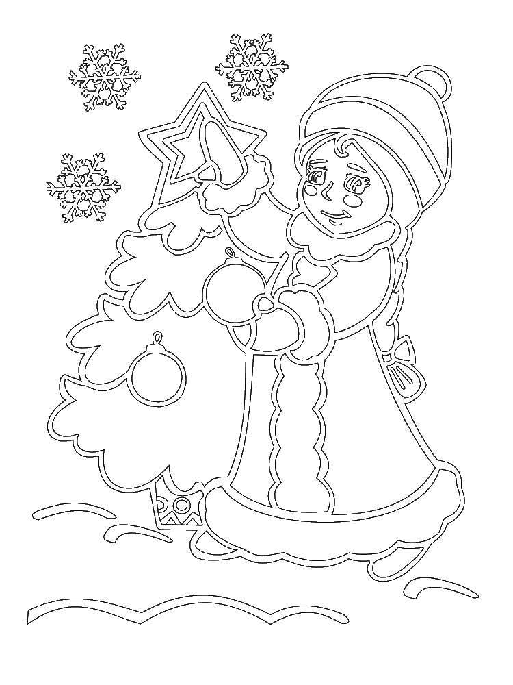 Название: Раскраска Снегурочка с ёлочкой. Категория: снегурочка. Теги: Снегурочка, зима, Новый Год, лес.