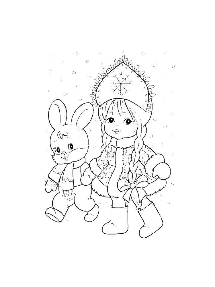 Название: Раскраска Снегурочка с зайчиком. Категория: снегурочка. Теги: Снегурочка, зима, Новый Год, зайка.