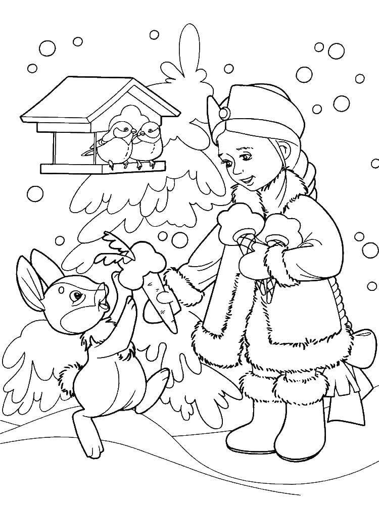 Название: Раскраска Снегурочка с зайчиком. Категория: снегурочка. Теги: Снегурочка, зима, Новый Год, зайка.