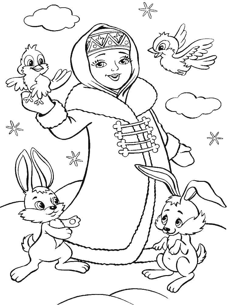Coloring The snow maiden with the animals. Category maiden. Tags:  Snow maiden, winter, New Year.