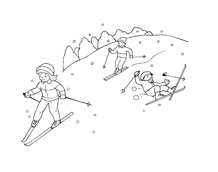Название: Раскраска Катание на лыжах со склона. Категория: лыжи. Теги: Спорт, лыжи.