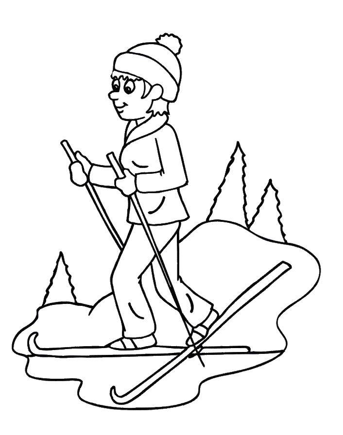 Название: Раскраска Лыжник катается на лыжах. Категория: лыжи. Теги: Спорт, лыжи.