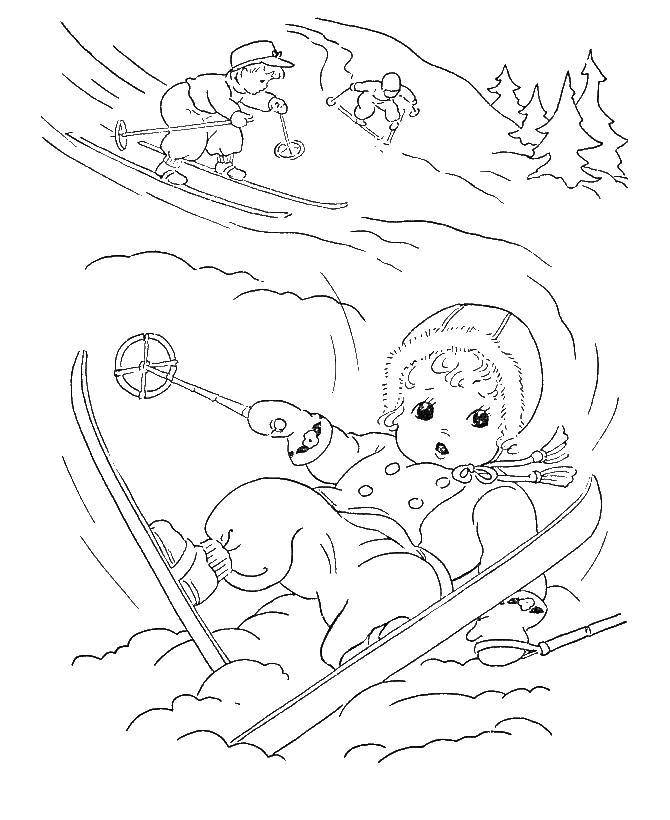 Название: Раскраска Малыш упал с лыж. Категория: лыжи. Теги: Спорт, лыжи.