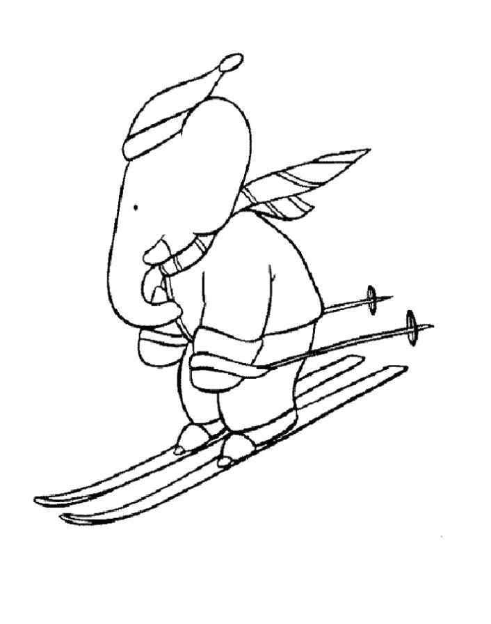 Название: Раскраска Слоник на лыжах. Категория: лыжи. Теги: Спорт, лыжи.
