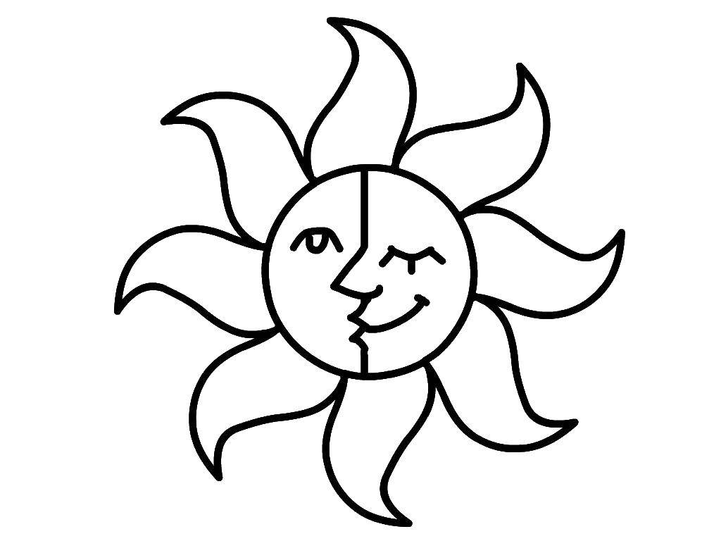 Coloring The sun and Crescent moon. Category Coloring pages for kids. Tags:  Sun, rays, joy.