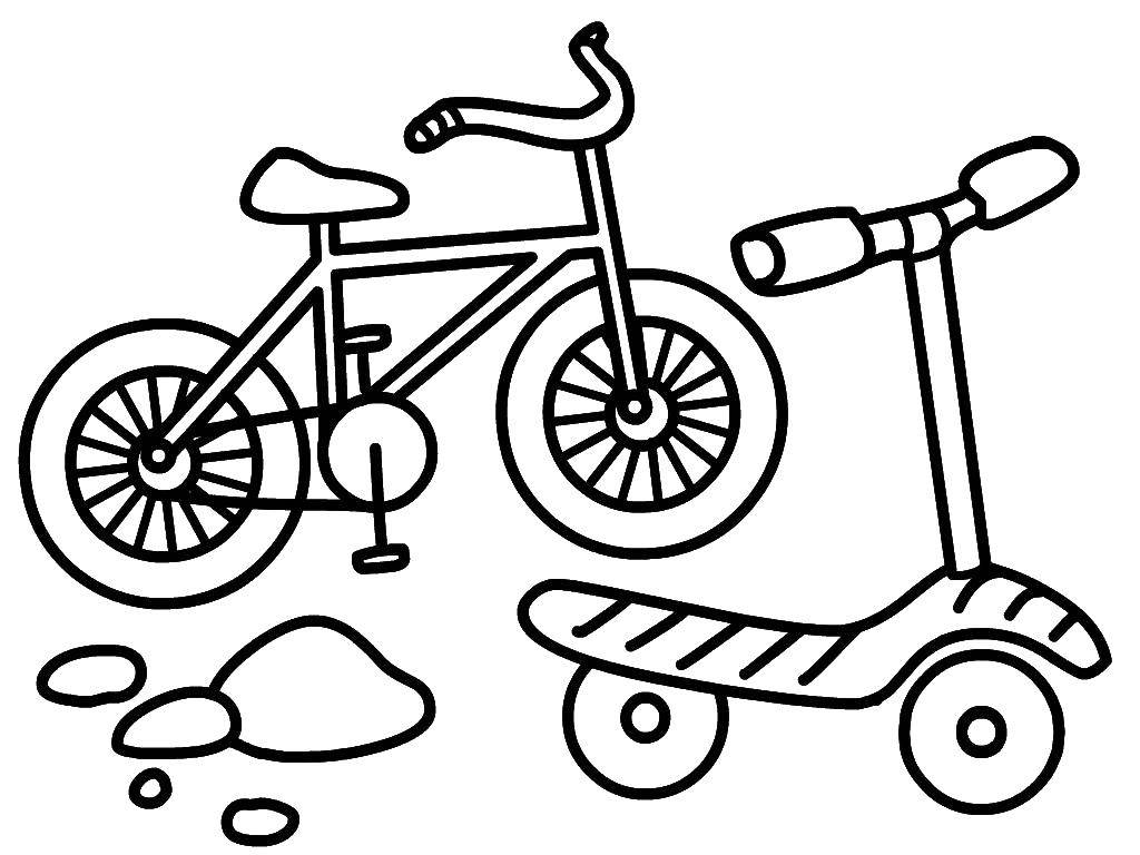 Название: Раскраска Велосипед и самокат. Категория: Раскраски для малышей. Теги: Транспорт, велосипед, самокат.