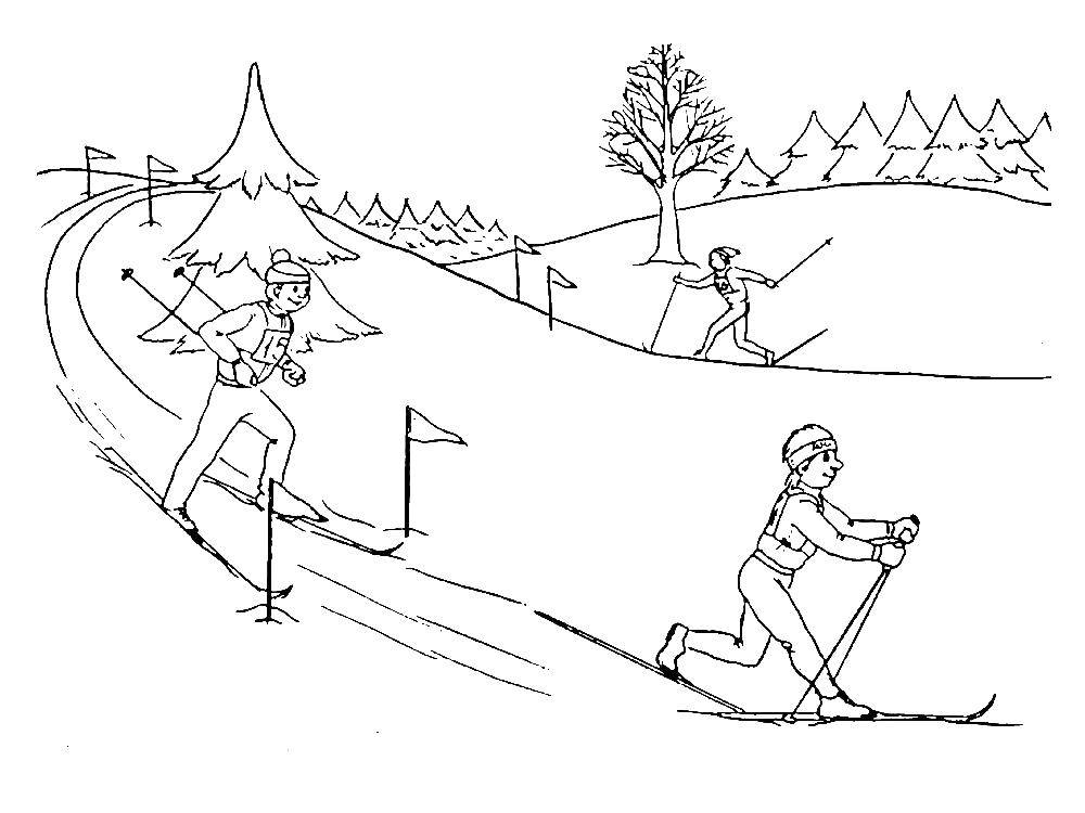 Название: Раскраска Лыжники катятся с горы. Категория: спорт. Теги: лыжи.