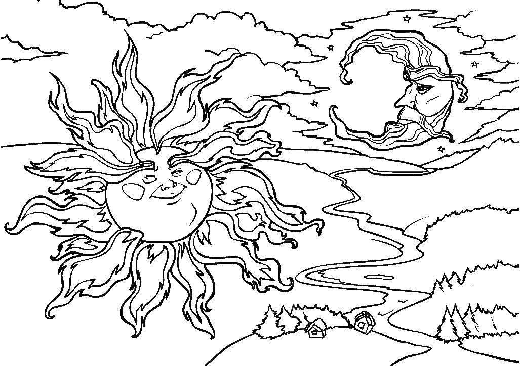 Название: Раскраска Солнце и полумесяц. Категория: Сказки. Теги: Сказки.