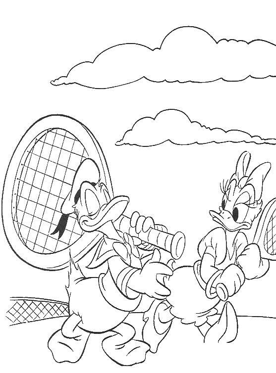 Coloring Donald and Daisy playing tennis. Category tennis. Tags:  tennis.