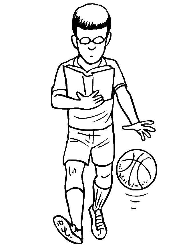 Название: Раскраска Мальчик играет в мяч и читает книгу. Категория: баскетбол. Теги: баскетбол, мяч, книга.