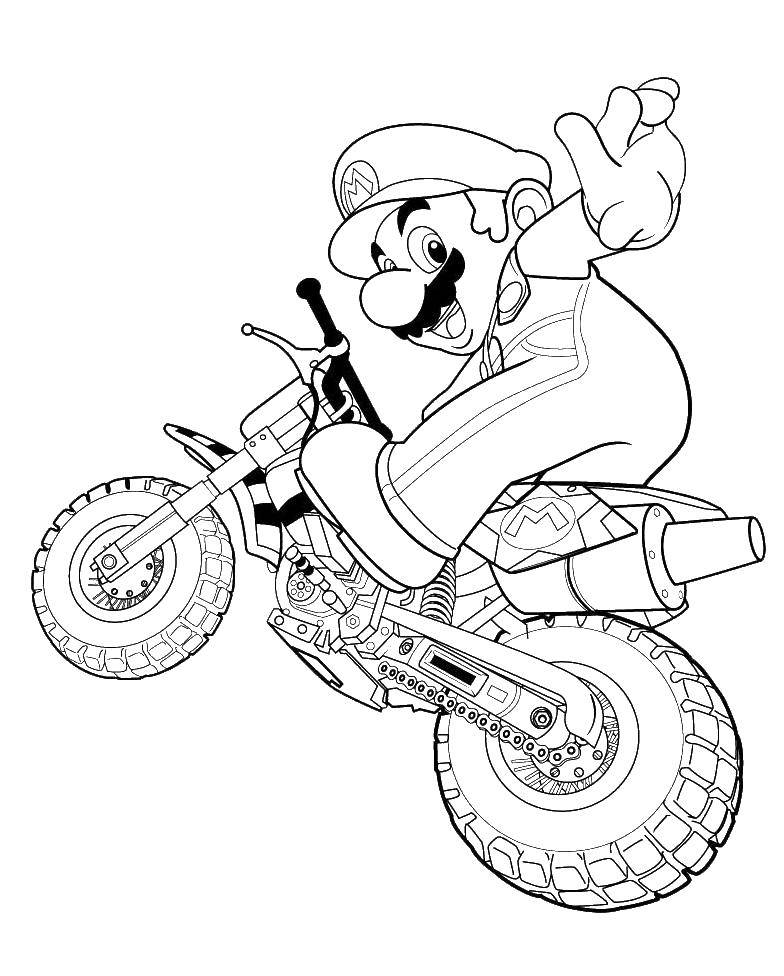 Название: Раскраска Супер марио на мотоцикле. Категория: Персонаж из игры. Теги: Супер Марио, мотоцикл.