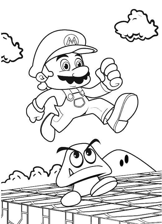 Название: Раскраска Супер марио прыгавет через гриб. Категория: Персонаж из игры. Теги: Супер Марио, мяч.