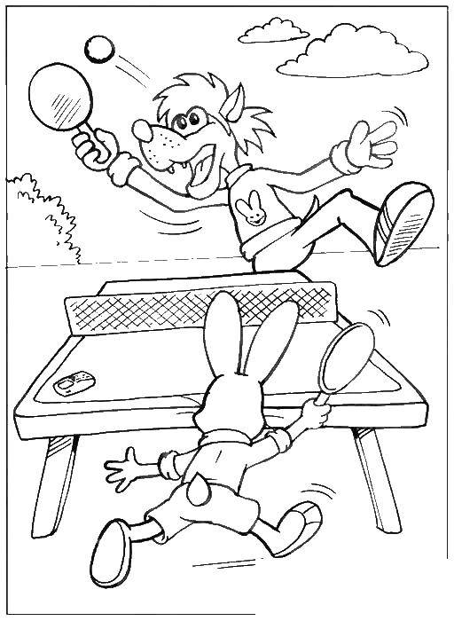 Coloring Wolf and hare play tennis. Category cartoons. Tags:  wolf, hare, tennis.