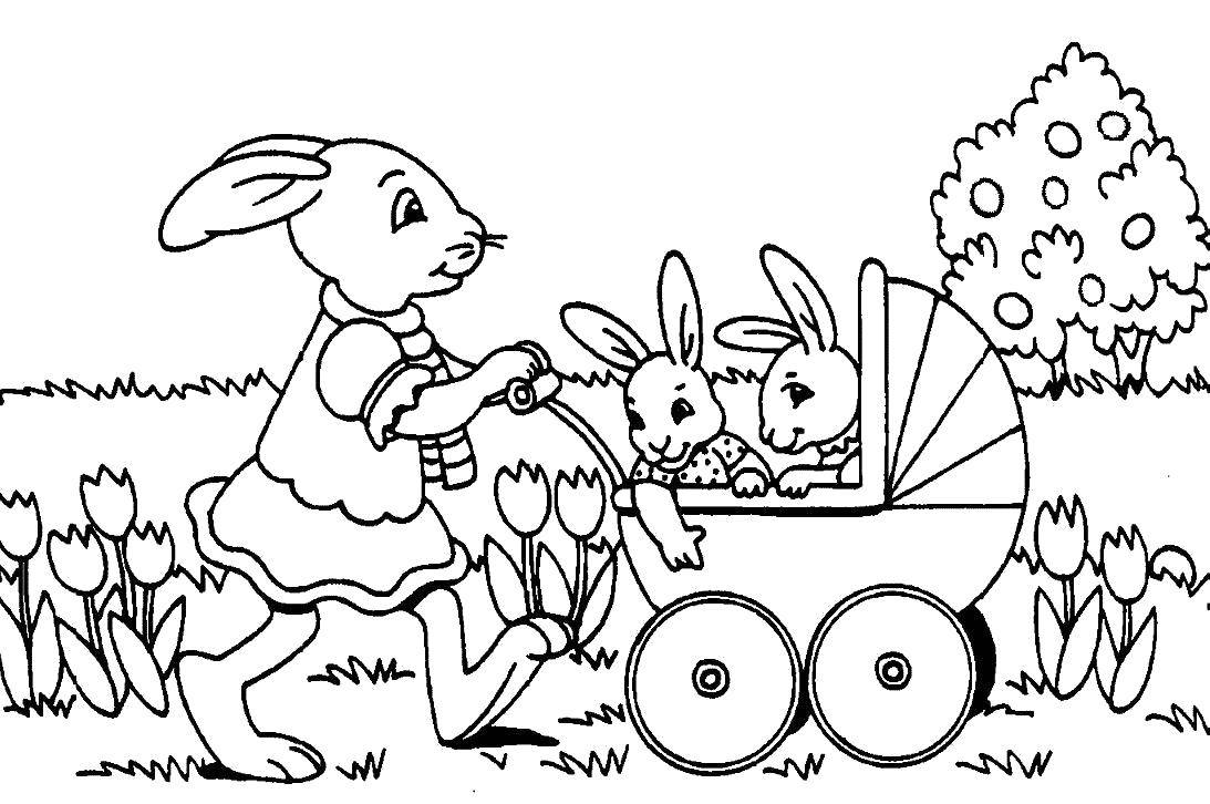 Название: Раскраска Мама зайчиха с зайчатами. Категория: Животные. Теги: Животные, зайчик.