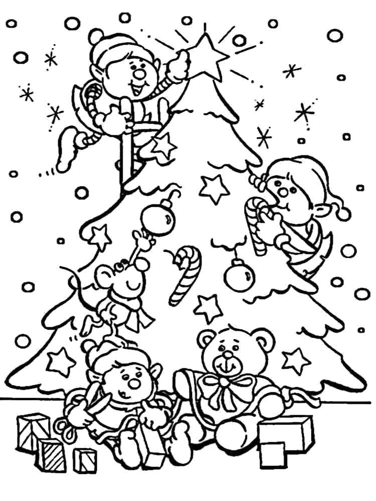 Название: Раскраска Гномики украшают ёлочку. Категория: новый год. Теги: Новый Год, ёлка, подарки, игрушки.