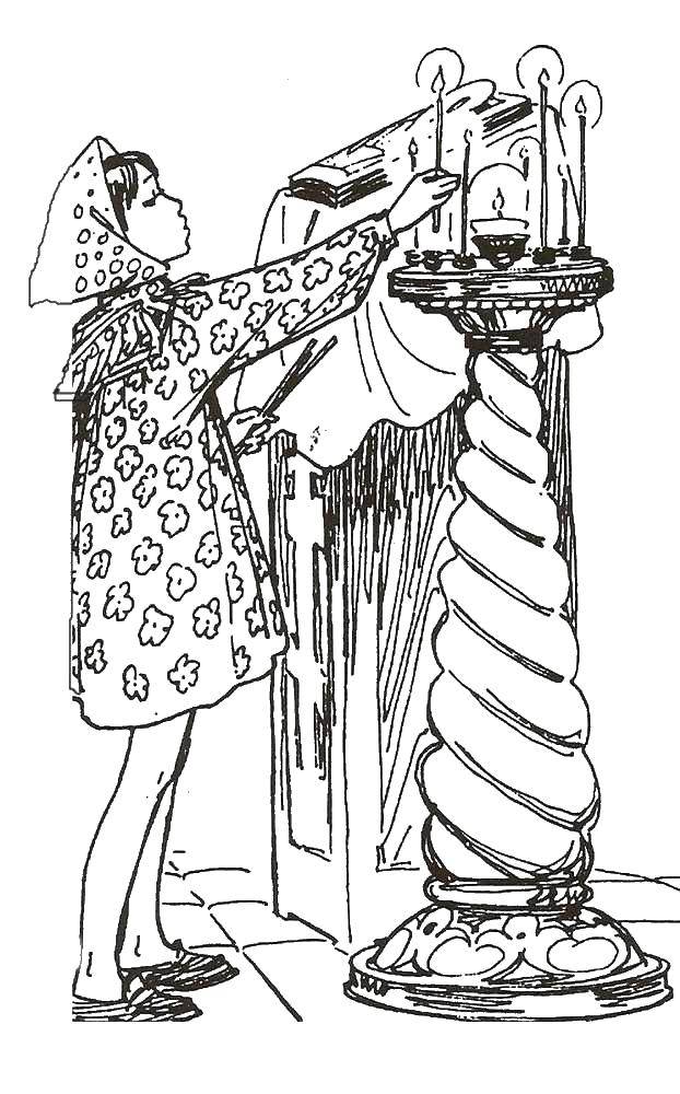 Coloring A girl lights a candle. Category the Church. Tags:  Church, home.